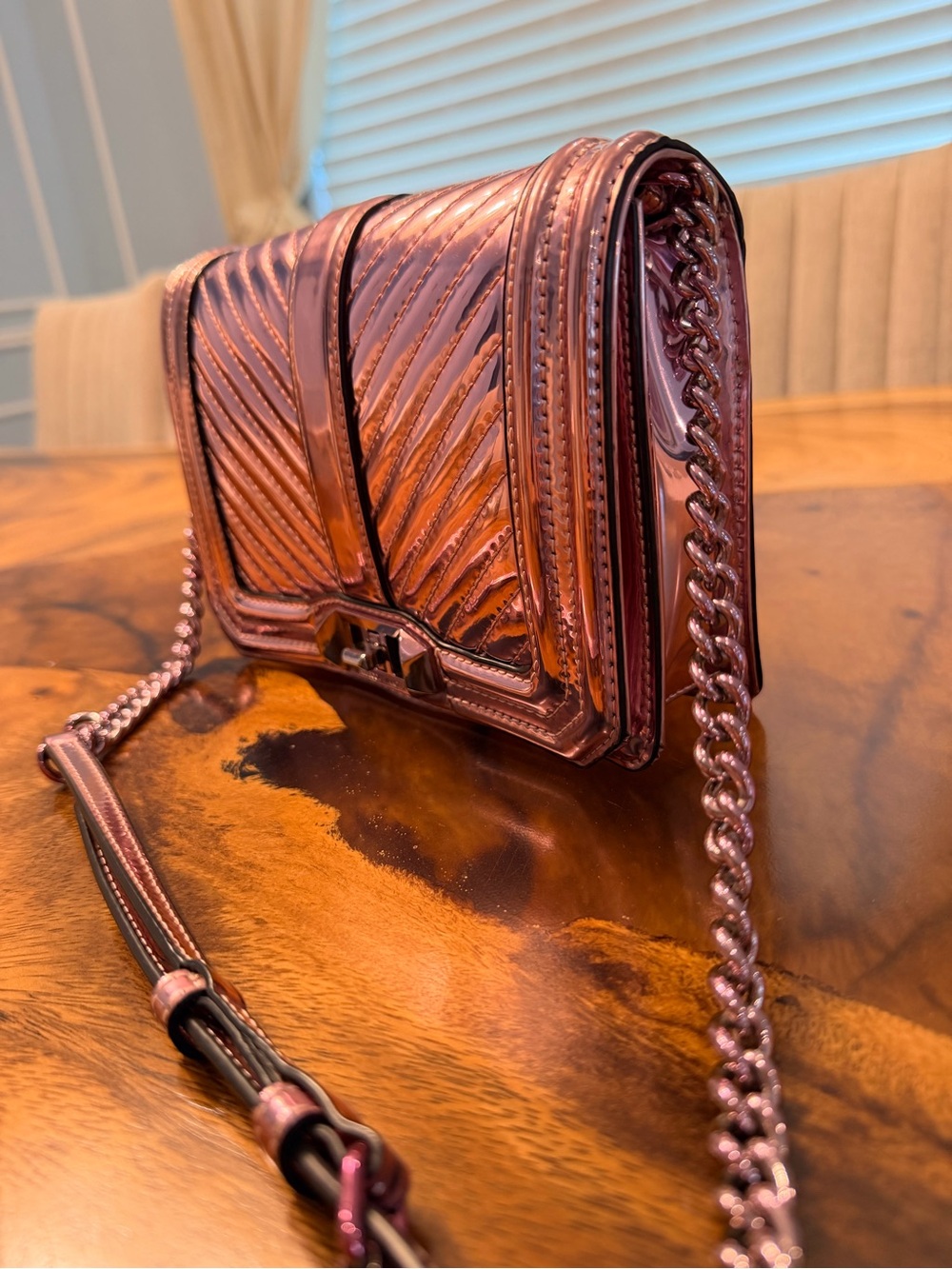Rebecca Minkoff Chevron Quilted Love Crossbody Metallic Rose Gold Finish GUC - Picture 4 of 17